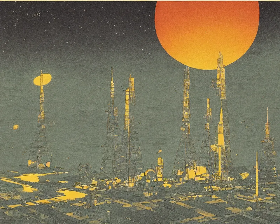 Image similar to achingly beautiful print the Apollo-Soyuz rendezvous, bathed in moonlight, by Hasui Kawase and Lyonel Feininger.