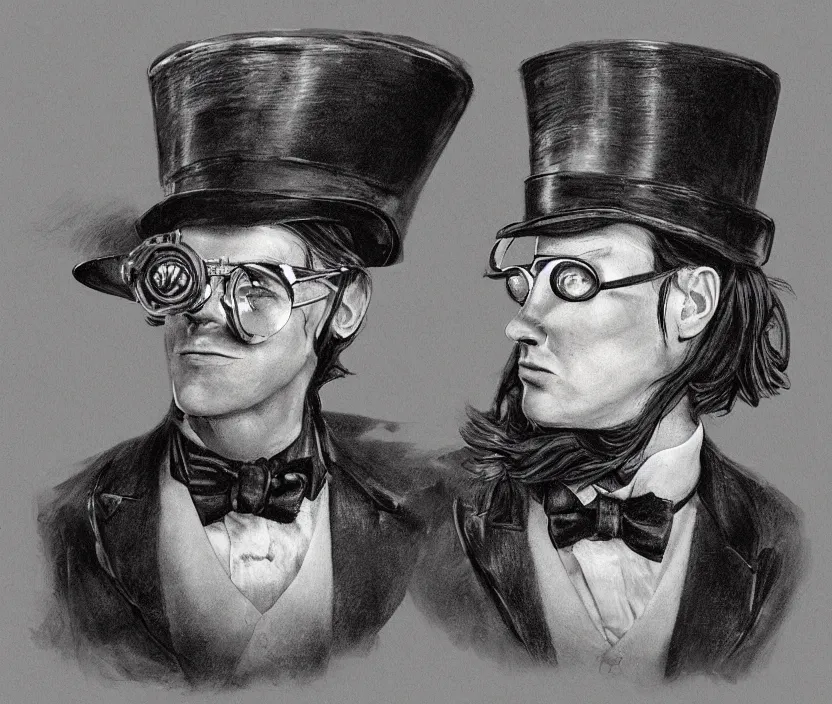 Image similar to The head and upper body of a man with dark medium length longish hair and a middle part, while wearing a top hat and goggles, steampunk, very nostalgic, very melancholic, dramatic angle, rotoscoped, rotoscope, photoshop, photomanipulation, realism, painting, illustration and sketch, weird scribbles, hybrid styles, hybrid art styles, mismatched, trending on artstation, trending on deviantart, weird, quirky, interesting, very detailed, highly detailed, HD Quality, 4k resolution, 8k resolution, in the style of David Firth, in the style of James Lee, in the style of Drue Langlois,