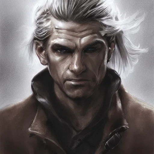 Image similar to portrait of a muscular, grim, ponytail haired blonde man in his late 30's, wearing a thick brown leather coat, looking to his side, scarred face, hunter, DnD character, fantasy character, dramatic lighting, high detail, graphite black and white by Ruan Jia, Krenz Cushart, Rossdraws and Boris Vallejo