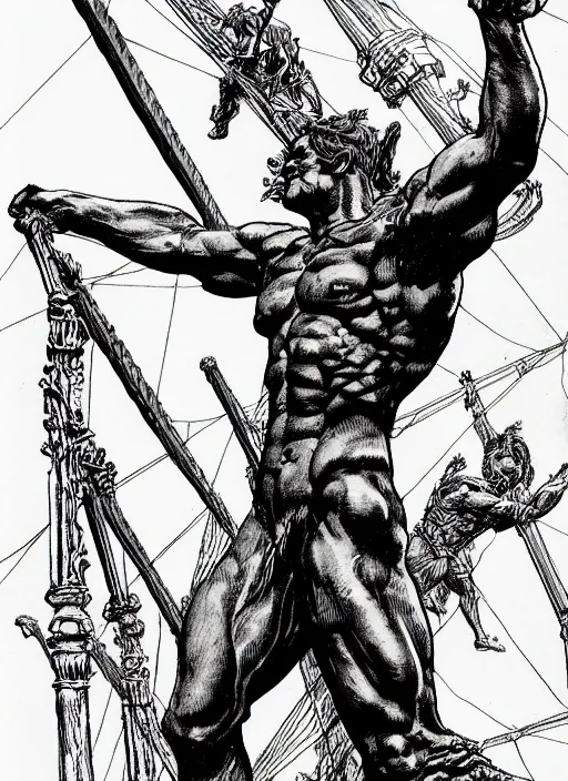 Prompt: line drawing the colossus of rhodes, bernie wrightson extremely detailed, artstation