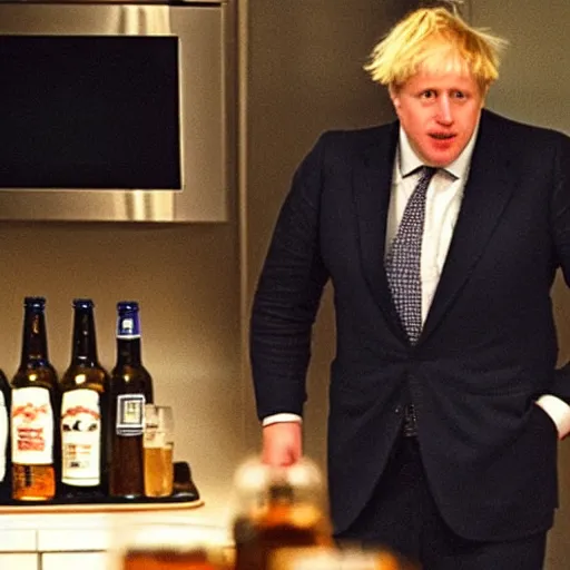 Prompt: grainy telephoto shot through a window at night of Boris Johnson standing in a kitchen and holding a bottle of beer