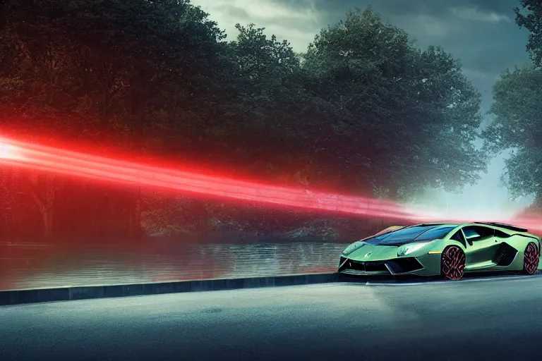 Image similar to a landscape photograph of a lamborghini aventador being chased by an alien spaceship through a vast serene landscape in a dystopian future, neon, river, trees, beautiful lighting, by lee madgwick