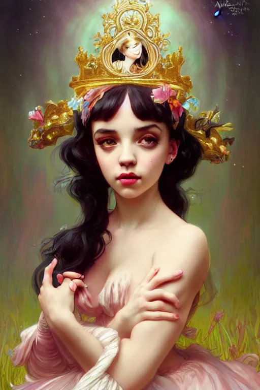 Image similar to Pop Star Melanie Martinez as a princess, fantasy, intricate, elegant, highly detailed, digital painting, artstation, concept art, matte, sharp focus, illustration, art by Artgerm and Greg Rutkowski and Alphonse Mucha