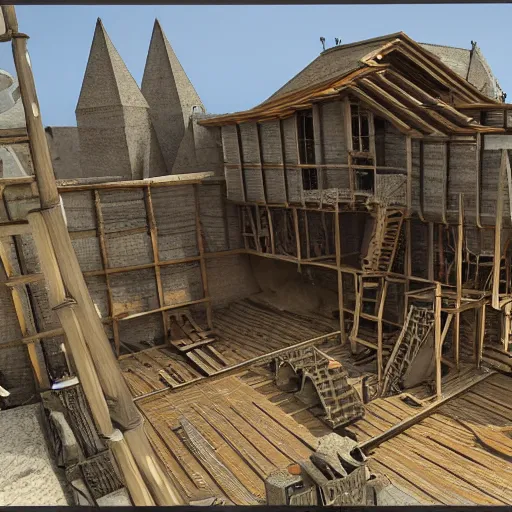 Image similar to digital artwork of construction site of a medieval house in construction. d & d, illustration, realism, trending on artstation, fantasy