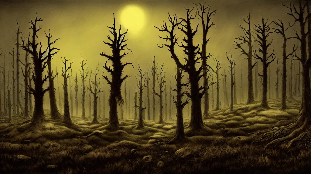 Prompt: folk horror illustration of the place with the dead pines, 8k resolution artwork, horror art, eerie, creepy, trending on artstation, painting, elaborate excellent painted illustration, smooth, sharp focus