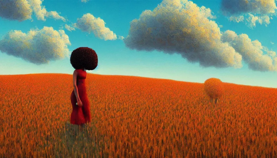 Prompt: giant red carnation afro head, full body, full body, girl walking in a wheat field, surreal photography, hills, sunrise dramatic light, impressionist painting, colorful clouds, digital painting, pointillism, artstation, simon stalenhag