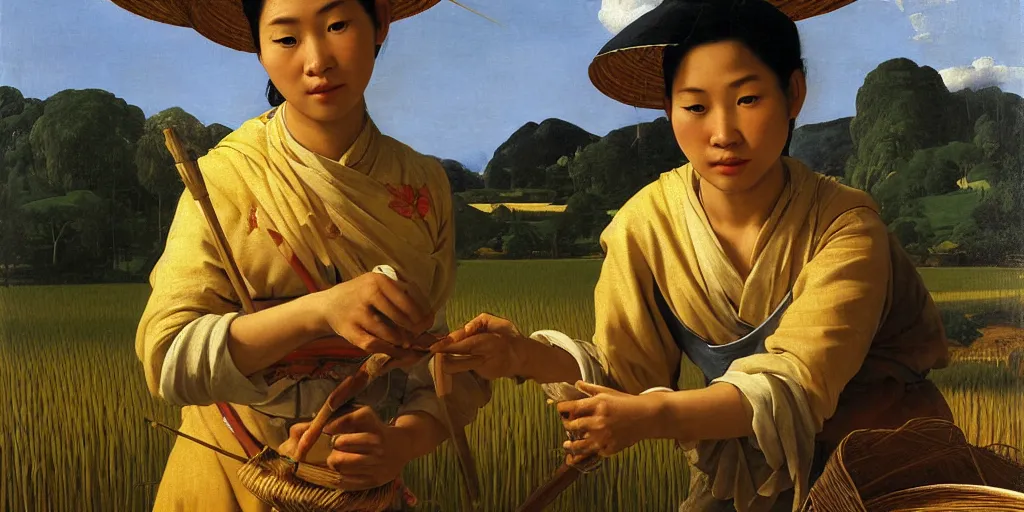 Image similar to beautiful oil matte portrait painting, vietnamese woman of a rice field tending to her work, wonderful masterpiece highly detailed, beautiful cinematic light deep focus, elegant, digital painting, smooth, sharp focus, golden ratio, dramatic illumination, ultra realistic, 8 k, art by artemisia lomi gentileschi and caravaggio