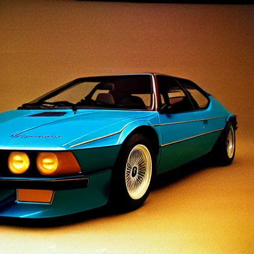 Image similar to 1979 BMW M1, inside of an auto dealership, ektachrome photograph, volumetric lighting, f8 aperture, cinematic Eastman 5384 film