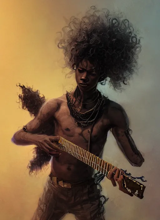 Image similar to fantasy changeling black kid with long curly hair playing electric guitar, half half, dim light, front game card, marvel comics, dark, intricate, highly detailed, smooth, artstation, digital illustration by ruan jia and mandy jurgens and artgerm and wayne barlowe and greg rutkowski and zdislav beksinski