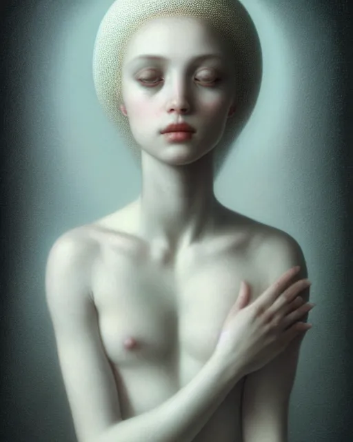 Image similar to dreamy, monochrome, subsurface scattering, white, young beautiful goddess in cosmos, octane render, dino valls, mark ryden, joe fenton, highly detailed, rim light, art, cinematic lighting, very coherent, hyper realism, 8 k