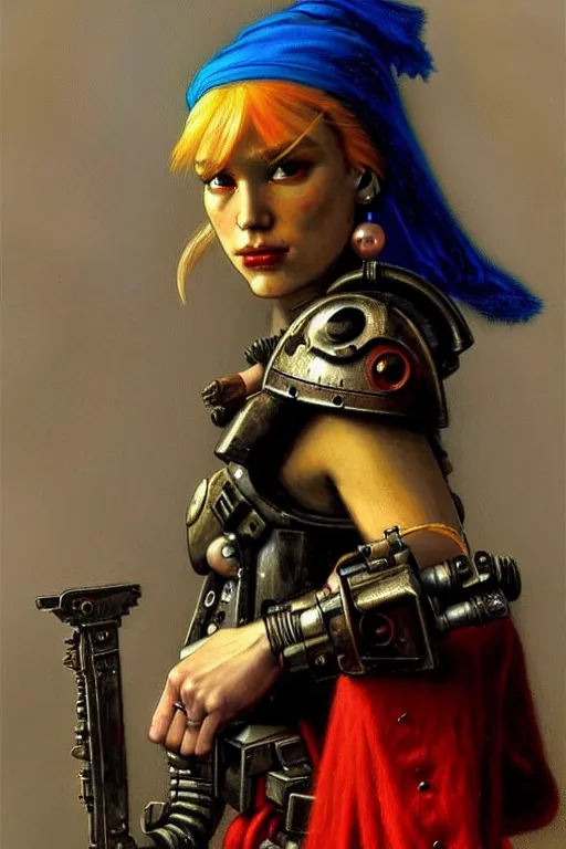 Image similar to full character portrait cyberpunk warhammer 4 0 k, warrior marine the girl with the pearl earring character design, painting by gaston bussiere, katsuya terada, frank frazetta, tom of finland, trending on artstation