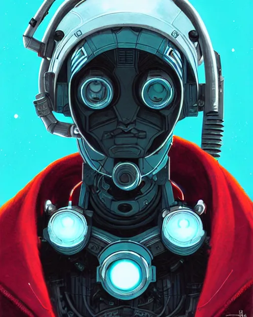 Prompt: sojourn from overwatch, african canadian, gray dread locks, gray hair, teal silver red, cyber eyes, character portrait, portrait, close up, concept art, intricate details, highly detailed, vintage sci - fi poster, retro future, vintage sci - fi art, in the style of chris foss, rodger dean, moebius, michael whelan, and gustave dore