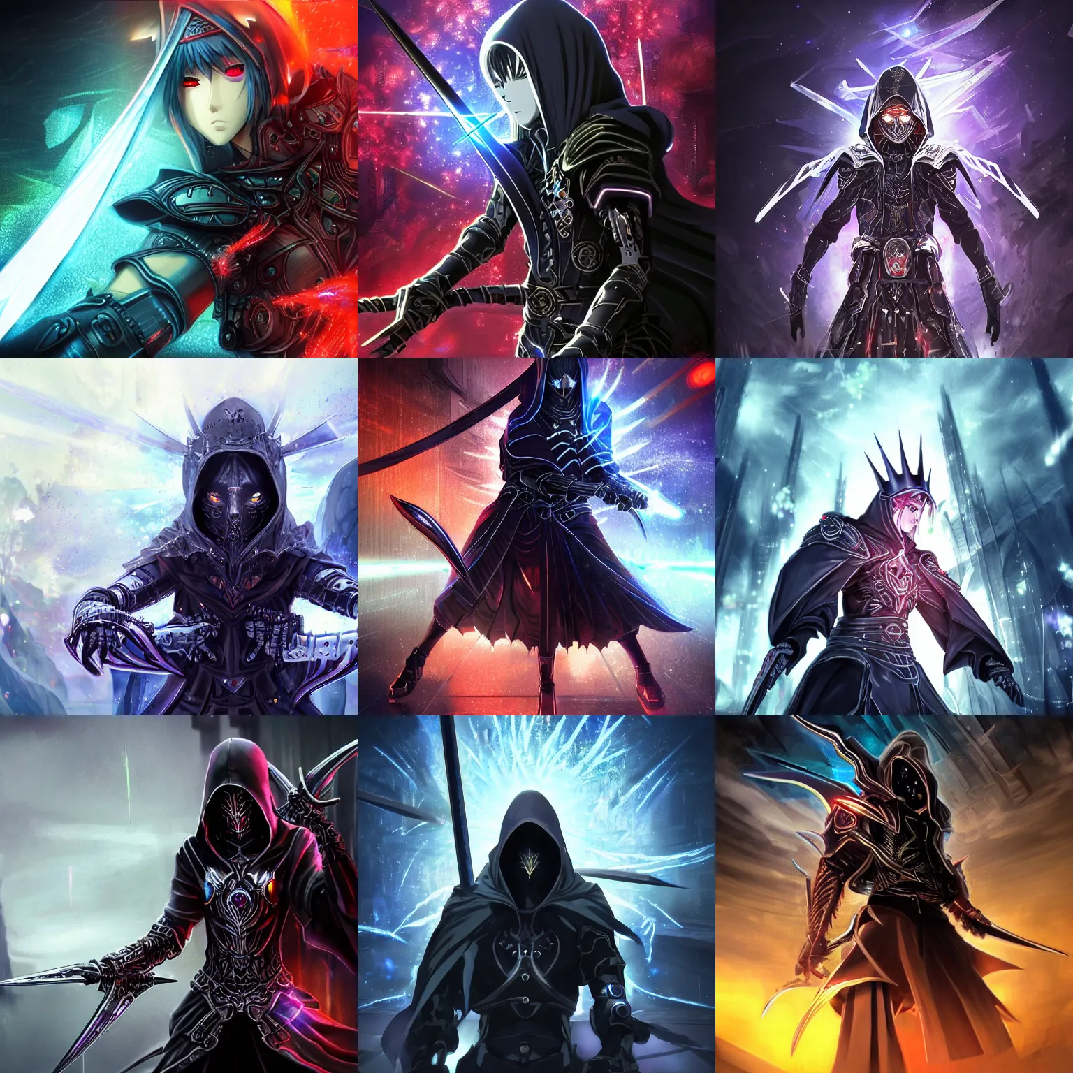 Prompt: Powerful intricate cybernetic dark hooded assassin sword fighting the warrior god of chaos, beautiful high quality realistic anime CGI from Makoto Shinkai, fantasy, detailed, iridescent, technological, gothic influence, royal, colorful, epic, explosions of power, precious gems, smoke, thunderous battle, fluorescent colors, ornate crystal crown hood, epic, futuristic, intricate, dark, sparkling, background megastructure, water, smooth anime CG art, iridescent, fluorescent colors, rainbow aura crystals, animation, in the style of Makoto Shinkai