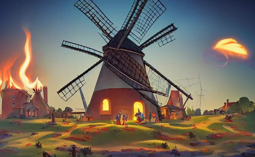 Prompt: a windmill, 1 9 2 0 s rubber hose cartoon style, looney tunes, silly symphony, robot, fire, ash, electricity lightning, furry, soft, concept art, sharp focus, intricate details, highly detailed, photorealistic, disney pixar, octane render, iridescent, anime, 8 k