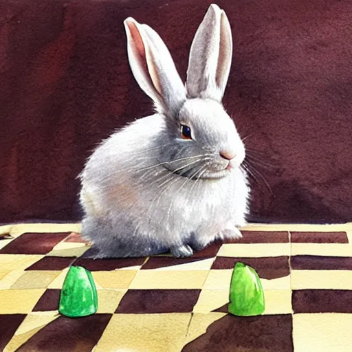 Image similar to a surprised rabbit sitting behind a chessboard, realistic watercolour