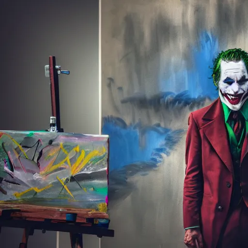 Image similar to photograph of the joker ( 2 0 1 9 ) as a professional artist, standing at an easel with paint, photograph, 3 5 mm, 8 k