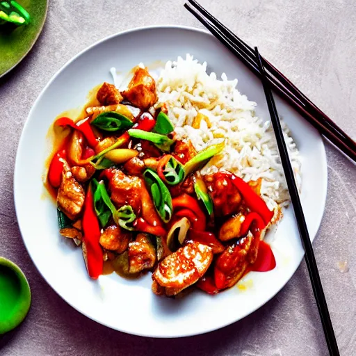 Image similar to anonymous eating dinner of thai sweet and sour pork stirfry, epic award - winning professional food photography