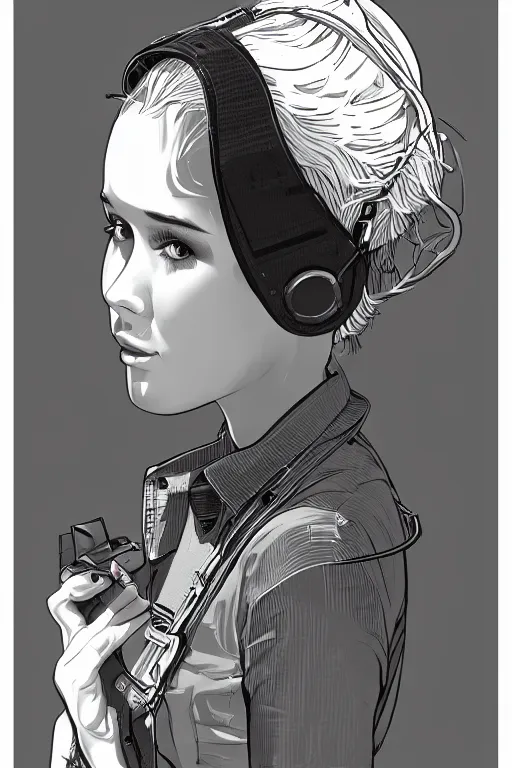 Image similar to portrait of an engineer girl with short white hair, wearing overalls, medium shot, portrait, concept art, vector line art, natural lighting, illustration, highly detailed, artstation,