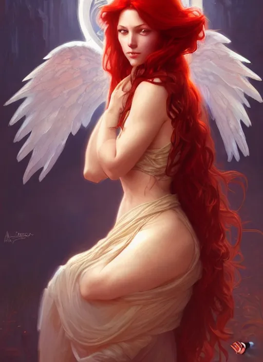 Image similar to a beautiful red haired woman a an angel, deep focus, d & d, fantasy, intricate, elegant, highly detailed, digital painting, artstation, concept art, matte, sharp focus, illustration, hearthstone, art by artgerm and greg rutkowski and alphonse mucha