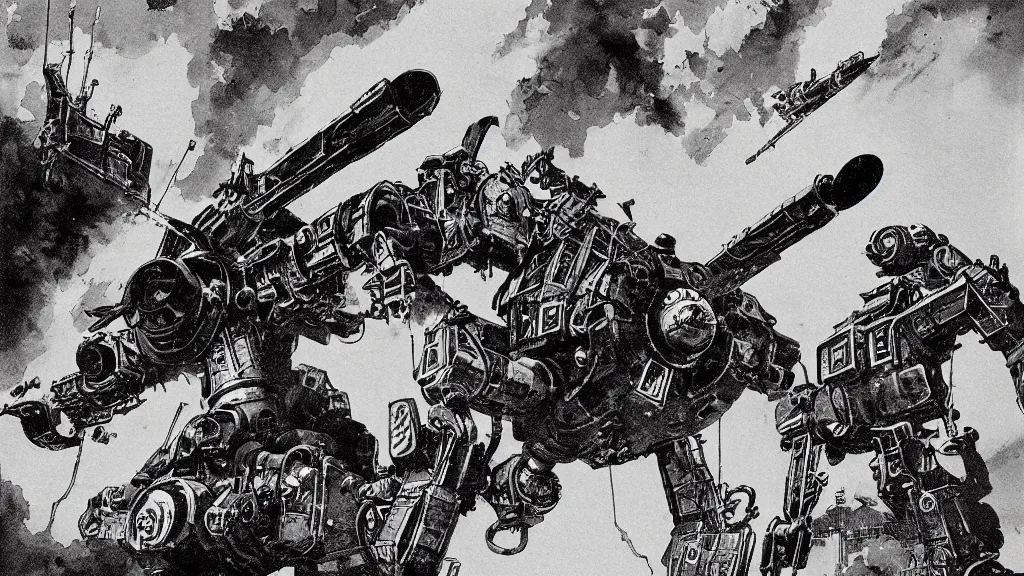 Image similar to Retro-futuristic mech launching missiles, WWII Japan, sci-fi illustrations, highly detailed, award-winning, dark, gritty, ink, defined lines