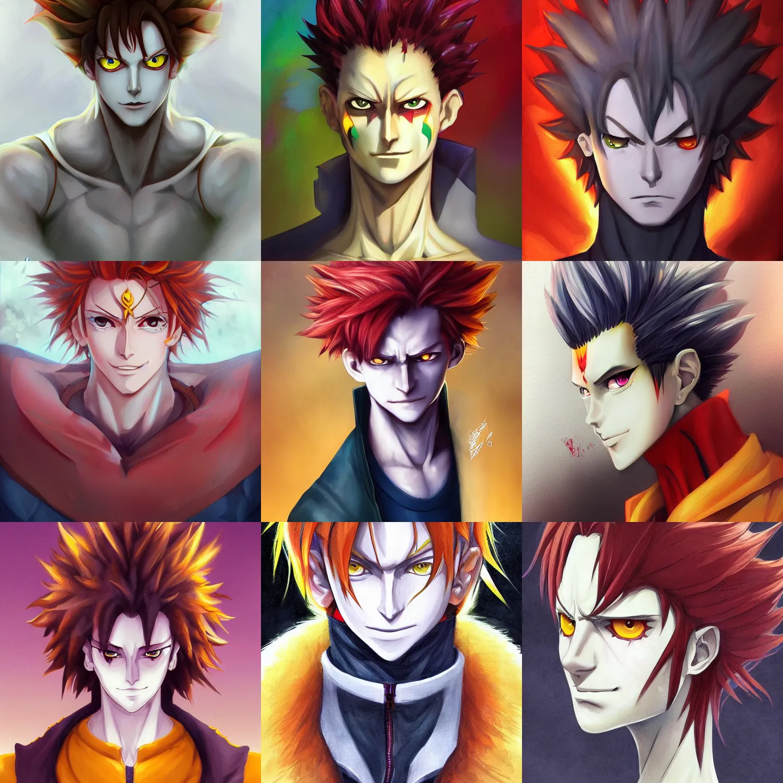 Prompt: portrait of hisoka morow hunter hunter, evil devious male, upper body sharp jaw yellow eyes narrow eyes red hair, tousled medium length hair, anime, highly detailed, digital painting, artstation, key art anime sharp focus, i studio ghibli pixar and disney animation hunterpedia art by artgerm