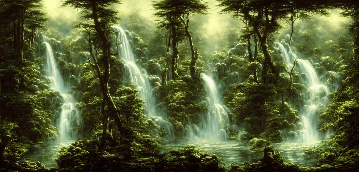 Image similar to a painting of a waterfall in a random forest, a detailed matte painting by todd lockwood, deviantart, fantasy art, matte painting, matte drawing, airbrush art