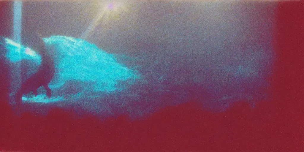 Prompt: analog polaroid photograph of godzilla swimming in the ocean, gigantic waves, seen from above, drone footage, bright sun reflection in the water, lensflare, film grain, azure tones, red color bleed