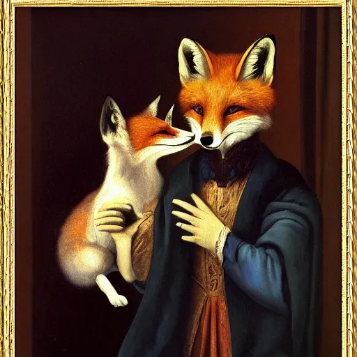 Image similar to the renaissance painting framed on a wall, except it is of an anthropomorphic male fox in a Victorian suit