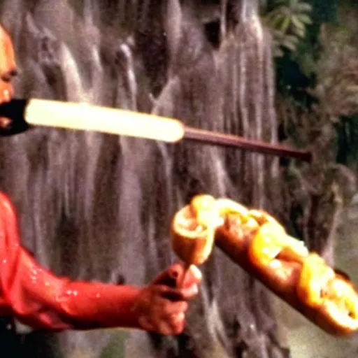 Image similar to a samurai fighting with delicious hot dogs, scene from Kagemusha, 1980, movie still, cinematic, epic,