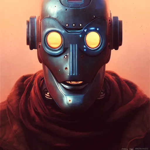 Image similar to a expressive portrait of masked diesel punk robot in dramatic lighting, depth of field background, artstation, award - winning realistic sci - fi concept art by jim burns and greg rutkowski, beksinski, a realism masterpiece, expressive color palette, james gilleard, bruegel, alphonse mucha, and yoshitaka amano