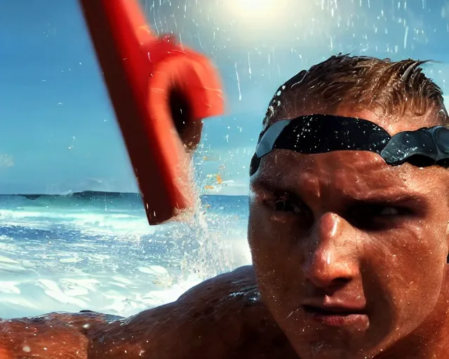 Image similar to single spartan swimming using bodyboard on australian beach, epic award winning action cinematic still from the movie 3 0 0, 8 k, global illumination, detailed face, muscles, rim highlights, hyper realistic, stunning waves, happy vibes