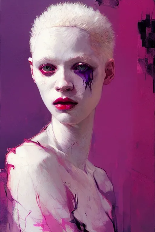 Image similar to portrait of a beautiful albino girl, shades of red and purple, beautiful face, rule of thirds, intricate outfit, spotlight, by greg rutkowski, by jeremy mann, by francoise nielly, by van gogh, digital painting