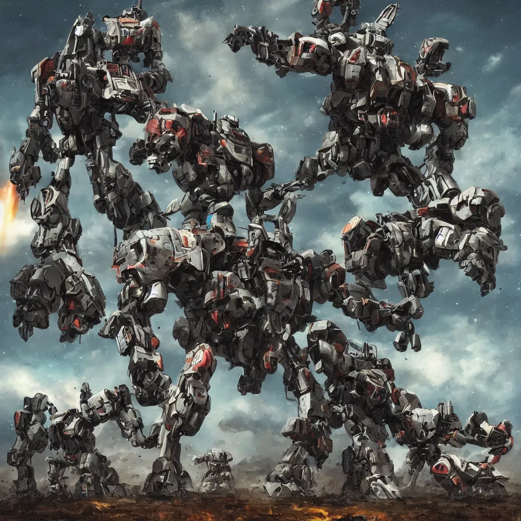 Image similar to war mechs fighting, mech battle, desolate gloomy planet, science fiction