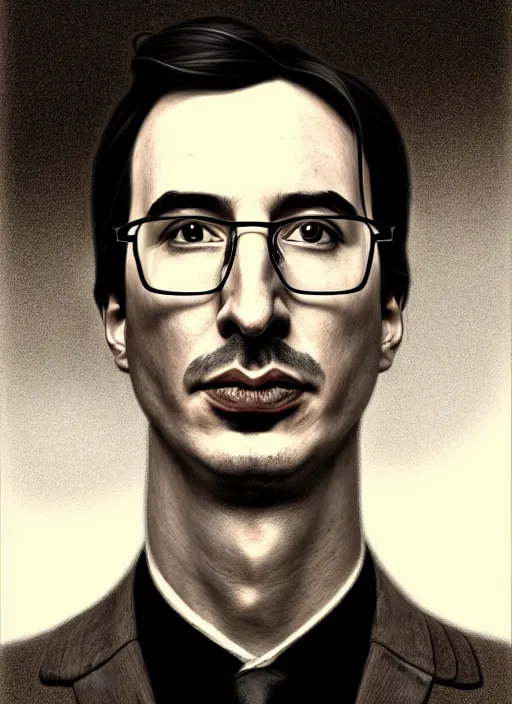 Image similar to a portrait of john oliver standing next to adam driver, stoic, full body, military uniform, fantasy, intricate, elegant, beautiful, highly detailed, charcoal, centered, dark, smokey, digital painting, artstation, concept art, smooth, sharp focus, illustration, art by artgerm and greg rutkowski and alphonse mucha