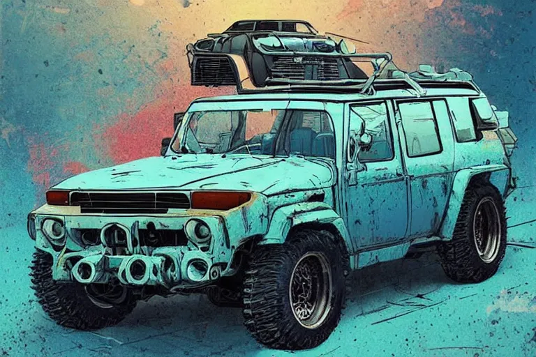 Image similar to digital illustration of a futuristic faded cyan mad max's fj 4 0 decrepit!!!! pursuit special, rusty!!! cyberpunk nissan fj cruiser heavily modded 1 9 9 0 s, the last v 8 interceptor by makoto shinkai, ilya kuvshinov, lois van baarle, rossdraws, basquiat