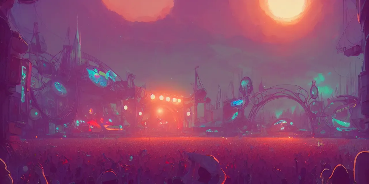 Image similar to tomorrowland, hyper - realistic detailed music festival stage, by atey ghailan, by greg rutkowski, by greg tocchini, by james gilleard, by joe fenton, by kaethe butcher, dynamic lighting, neon cinematic lighting color scheme, white lighting, grunge aesthetic