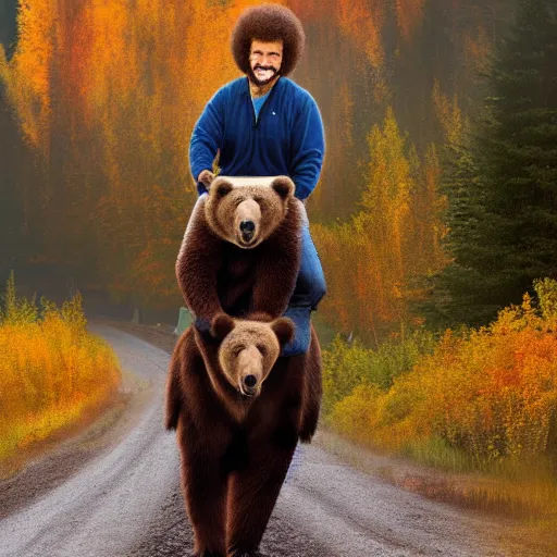 Prompt: a photo of bob ross riding on the back of brown bear in alaska at fall season, outdoor lighting, realistic, photo, national geographic photo, volumetric, fog