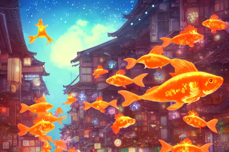 Image similar to fantasy art of glowing goldfish swimming in the air, in the streets of a japanese town at night, with children outside watching in wonder, in the style of studio ghibli and makoto shinkai, highly detailed digital art, trending on artstation