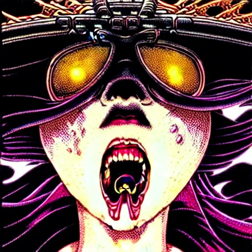 Image similar to closeup of face melting and tongues, by yoichi hatakenaka, masamune shirow, josan gonzales and dan mumford, ayami kojima, takato yamamoto, karol bak