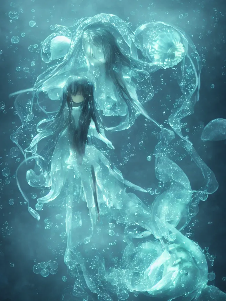 Image similar to cute fumo plush of an otherworldly translucent jellyfish goth girl floating in the deep sea, mysterious tattered maiden tendrils and dress, anime, heavy rain reflective water surface, glowing lens flare green wraith girl, wisps of volumetric fog and smoke in refracted vortices, vignette, bokeh, vray