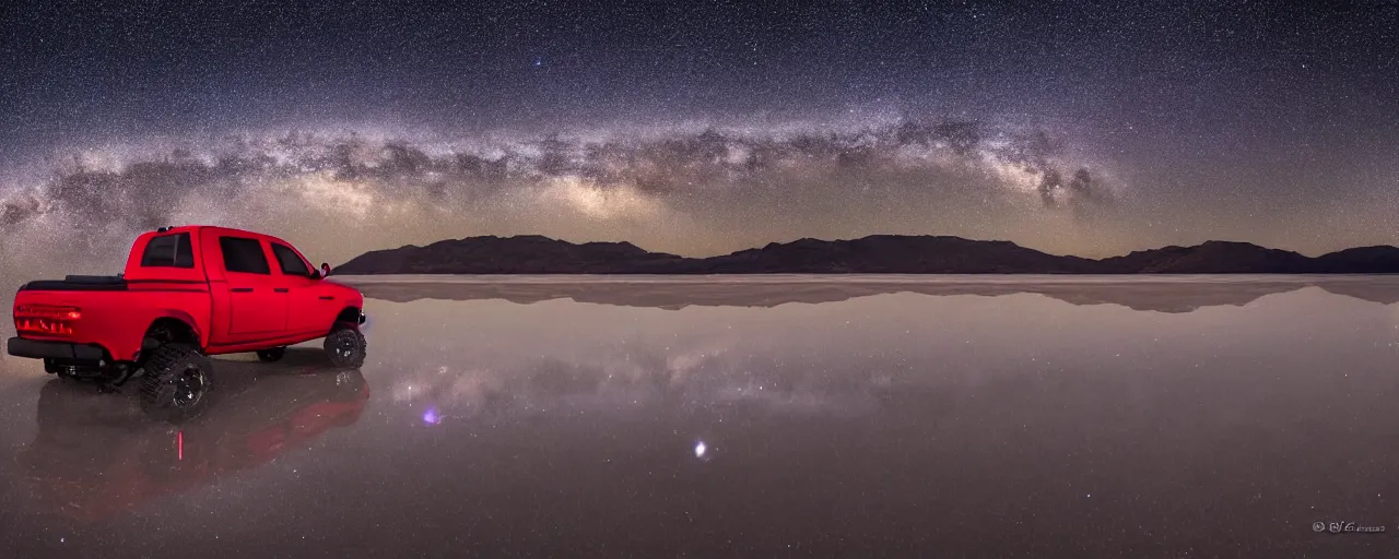 Image similar to dodge ram red power wagon with a roof top tent camping on wet salt flats at night, reflections, long exposure, milky way, Sayem Reza, poster