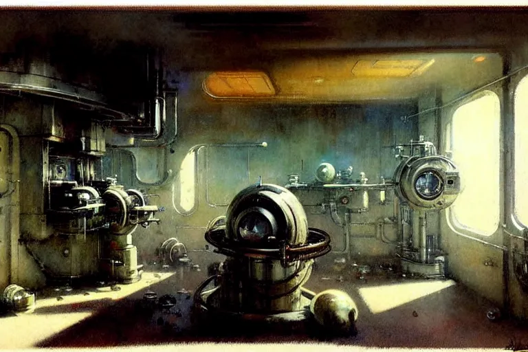 Image similar to ( ( ( ( ( 1 9 5 0 s retro science fiction engine room interior scene. muted colors. ) ) ) ) ) by jean - baptiste monge!!!!!!!!!!!!!!!!!!!!!!!!!!!!!!