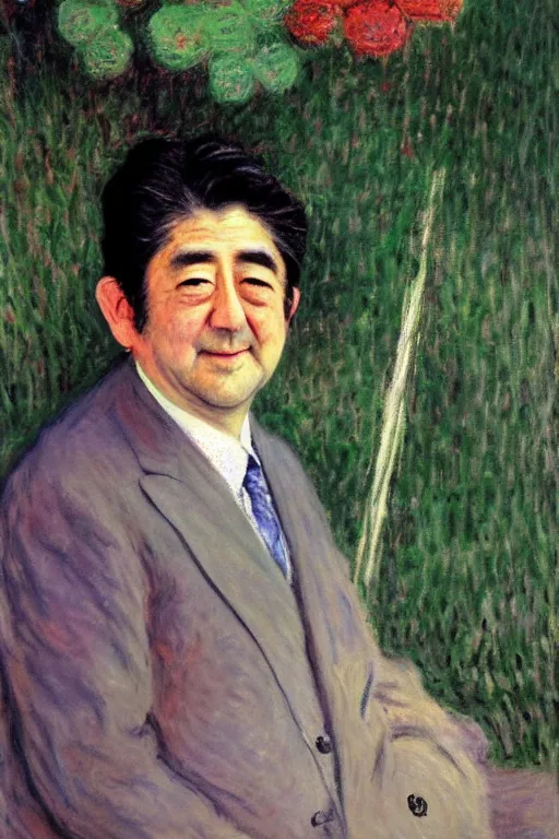 Image similar to portrait of shinzo abe painting by claude monet