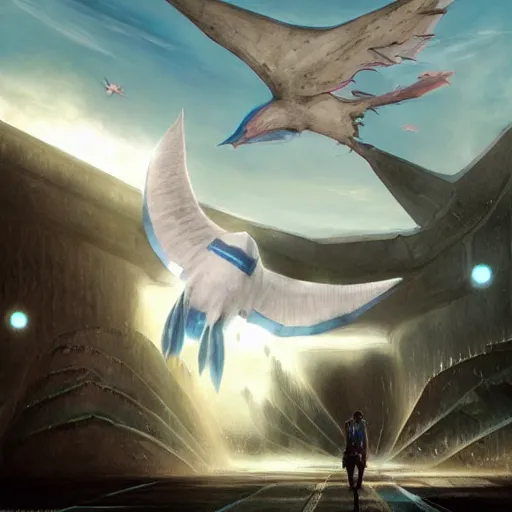 Prompt: togekiss and latios flying through a remote alien city, award - winning realistic sci - fi concept art by jim burns and greg rutkowski, beksinski, konstantin razumov