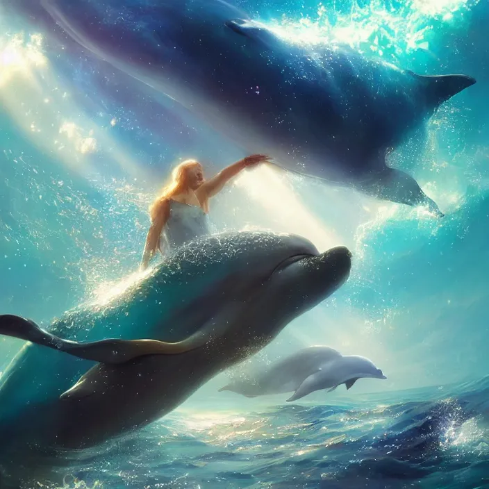 Image similar to glimmering whale, dolphins, golden hour, god rays, coral reef, dreamscape by artgerm and ruan jia and ismail inceoglu and greg olsen, cosmos, milky way galaxy, masterpiece, beautiful, intricate, elegant, highly detailed