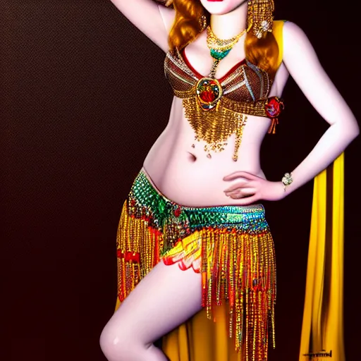 Image similar to a digital portrait of emma stone dressed as a belly dancer, arabian night, high quality, fully detailed, 4 k, in focus face with fine details