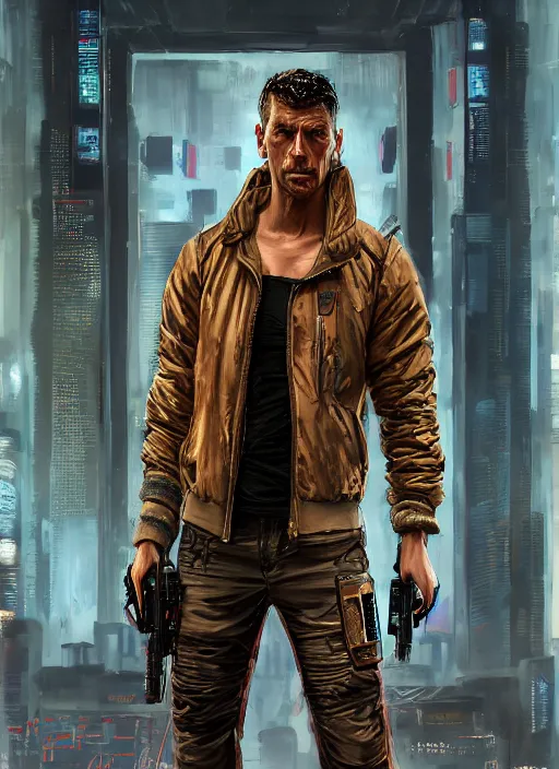 Image similar to andy griffith. cyberpunk mercenary in a cyberpunk jumpsuit ( blade runner 2 0 4 9, cyberpunk 2 0 7 7 ). orientalist portrait by john william waterhouse and james gurney and theodore ralli and nasreddine dinet, oil on canvas. cinematic, hyper realism, realistic proportions, dramatic lighting, high detail 4 k