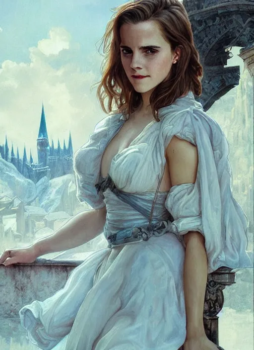 Image similar to oil painting of emma watson giving seductive look. hogwarts in background beautiful detailed face. by artgerm and greg rutkowski and alphonse mucha