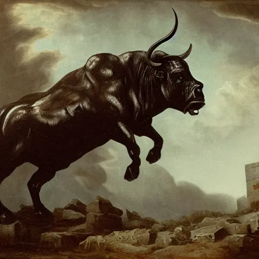 Prompt: A detailed dark painting of a dark raging bull with arms looking aggressive and confused, he is surrounded by a ruin, he is floundering, there is a ladder in the background it is going upwards, muffled colours