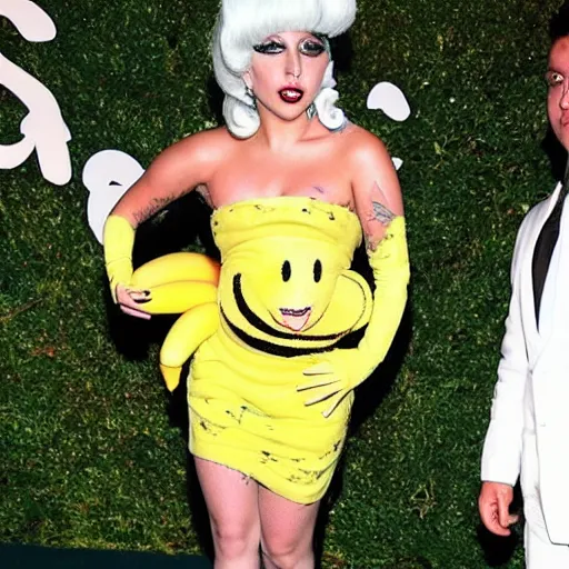 Prompt: lady gaga dressed with a banana style dress